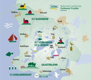 Stylized map of Zuidwest Fryslân with windmills, boats and labeled towns along the coast.